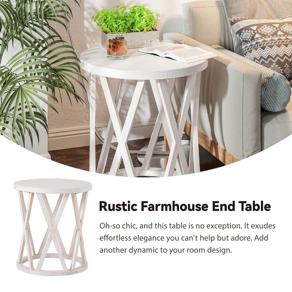 Antique White Round Wood Farmhouse End Table with X-Motifs