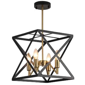 4-Light Black Metal Caged Square Geometric Chandelier with No Bulbs Included