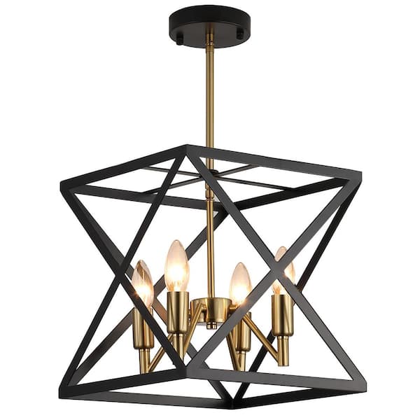 HKMGT 4-Light Black Metal Caged Square Geometric Chandelier with No Bulbs Included