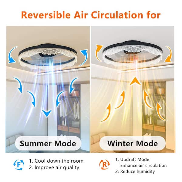 24 in. Black LED Flush Mount Fandelier Ceiling Fan with Light, Remote, Crystal-Style Ring and Hidden Blades