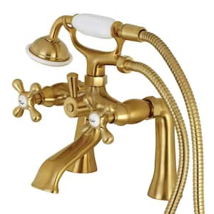 Victorian 3-Handle Deck-Mount Claw Foot Tub Faucet with Handshower in Brushed Brass