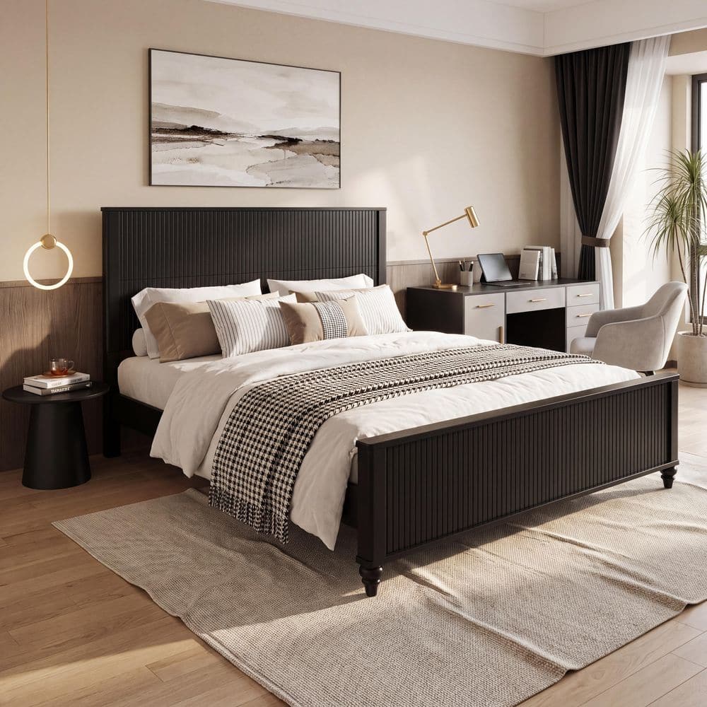 Modern Black Wood Frame King Size Platform Bed with Fluted Panel Headboard and Footboard price history on PriceWatchPro