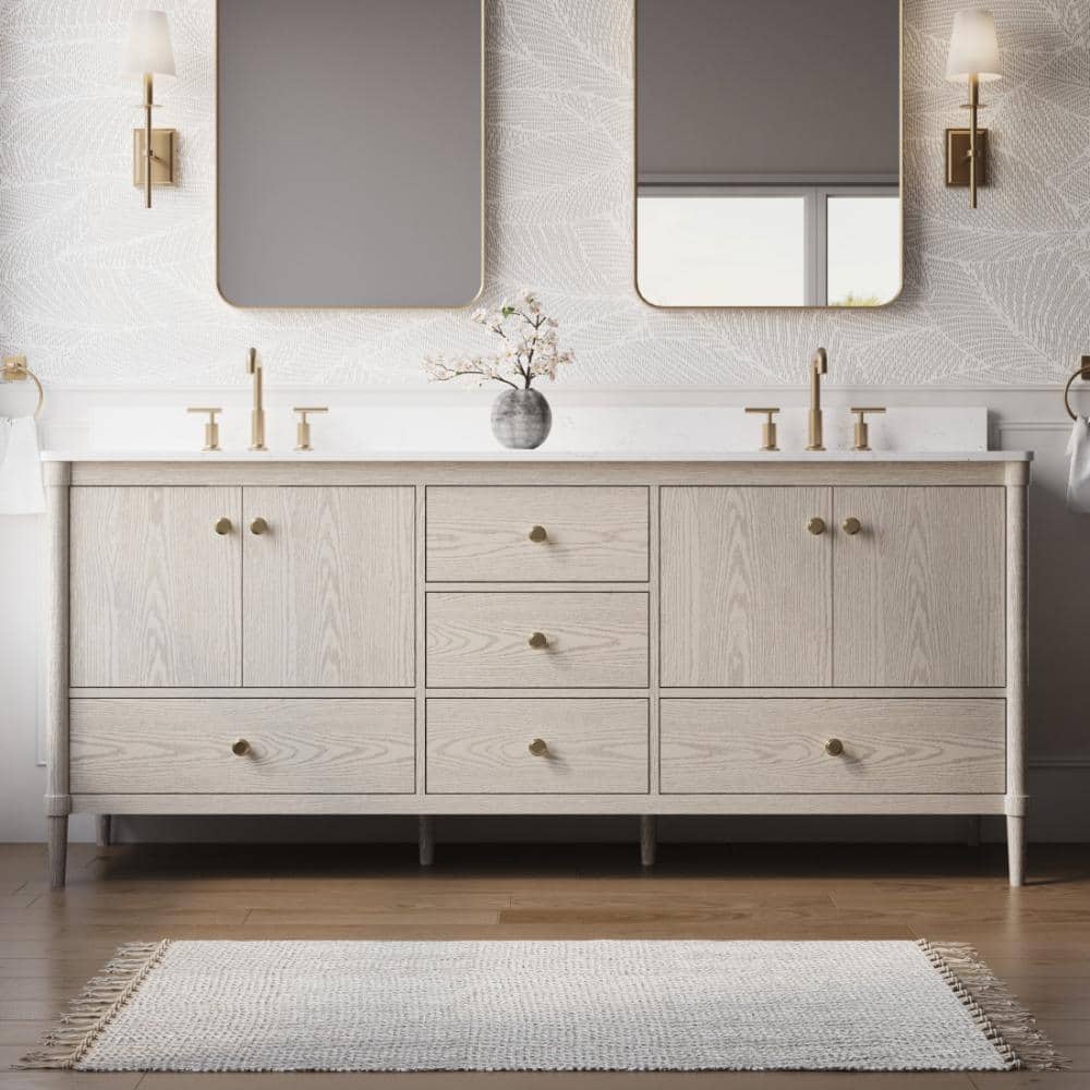 80 in. W Double Sink Freestanding Solid Wood Bath Vanity in OAK with Quartz Top Fully Assembled price history on PriceWatchPro