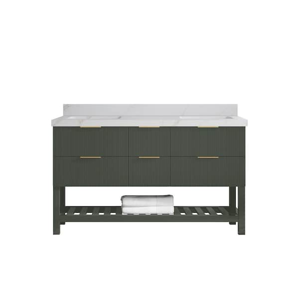Willow Collections Catalina 60 in. Double Sink Freestanding Pewter Green Bath Vanity with Calacatta Sienna Qt. Top Unassembled