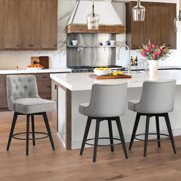 Roman 26.5 in. Gray Fabric Upholstered Solid Wood Leg Counter Height Swivel Bar Stool With Back（Set of 3）