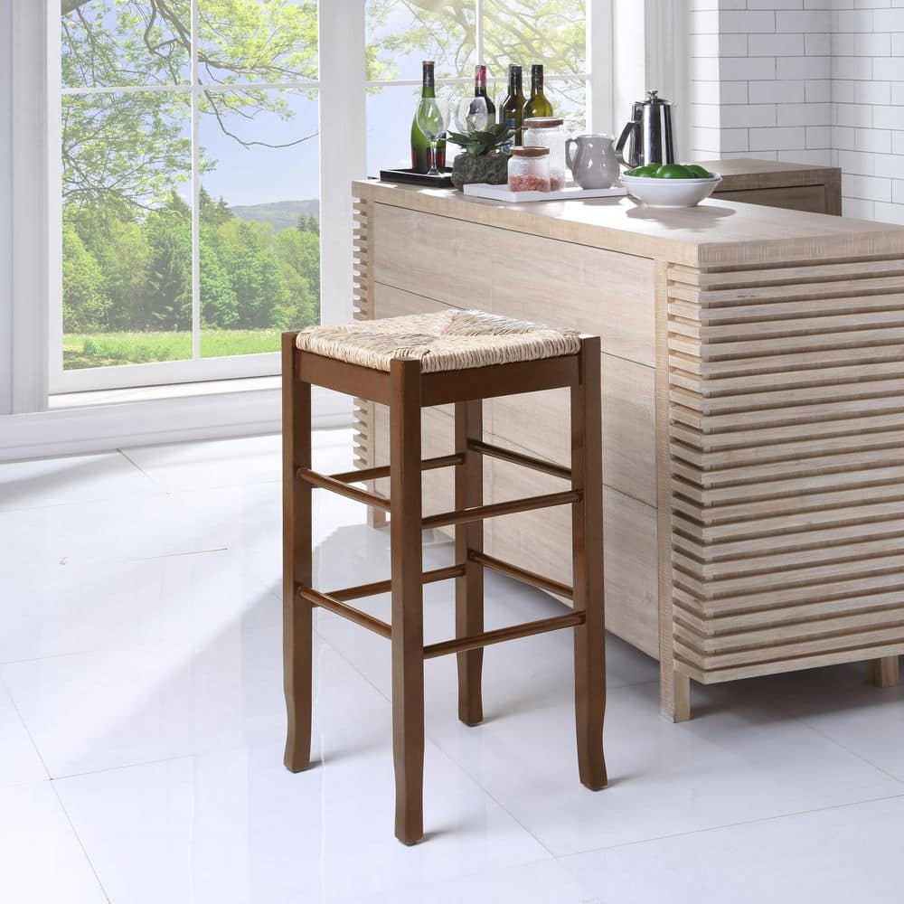 Elegant Cappuccino Hardwood 29" Square Rush Bar Stool
