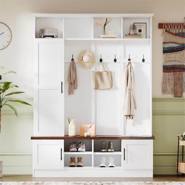 Nestfair 3-in-1 White Hall Tree with 6 Hooks, Storage Bench