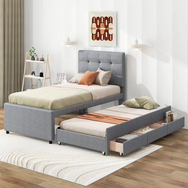 Polibi Gray Wood Frame Twin Size Platform Bed with Pull-Out Twin Size Trundle and 3-Drawers