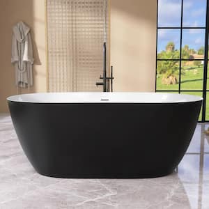 59 in. x 30 in. Acrylic Free Standing Soaking Tubs Flatbottom Oval Freestanding Bathtub with Chrome Drain in Matte Black