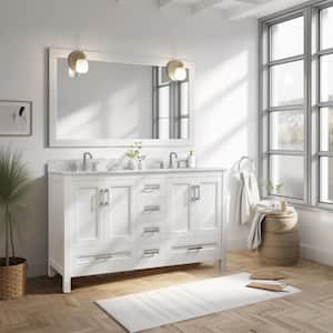 GlamourAura 60 in. W x 22 in. D x 35 in. H Double Sink Bath Vanity in White with White Carrara Marble Top