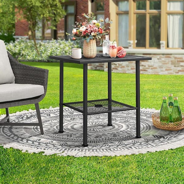 WIAWG 21.7in x 21.7in x 21.9in Black Metal Outdoor Picnic Table, Double Layers Dining Table with Umbrella Hole for Poolside