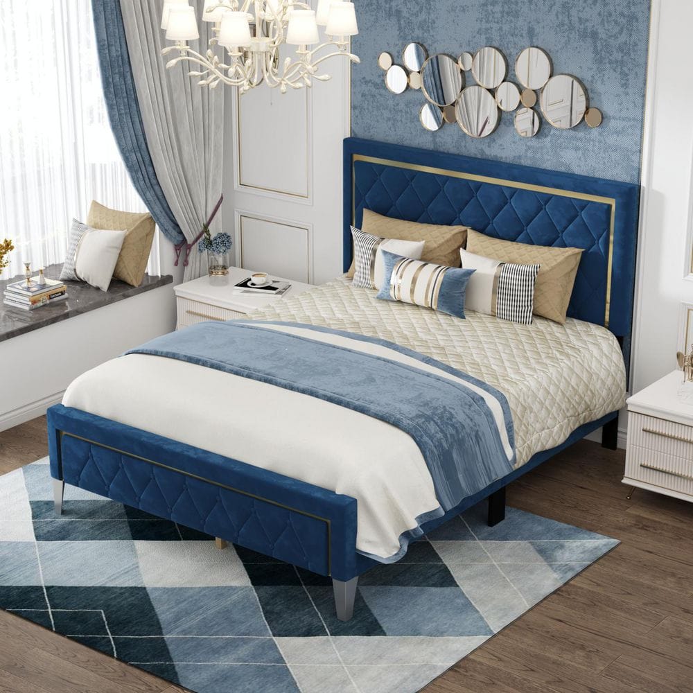 FUFU&GAGA Blue Wood Frame Queen Size Platform Bed with Tufted