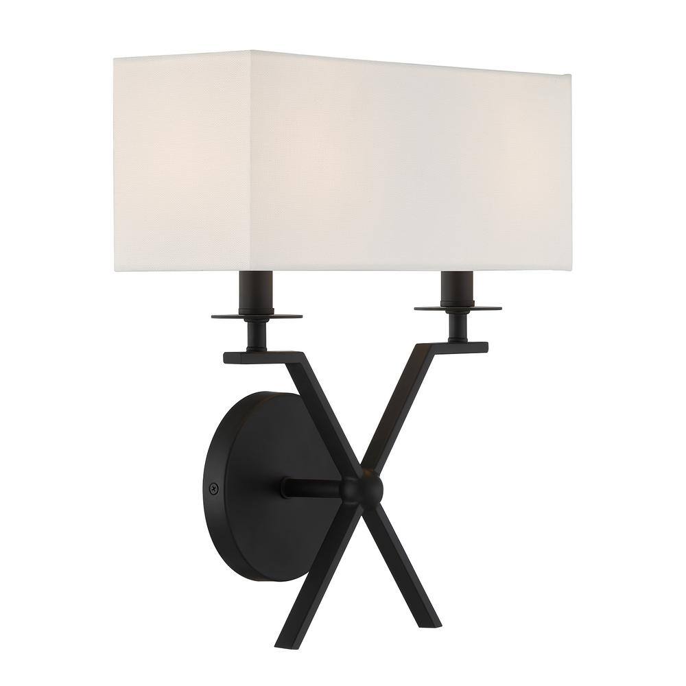 Matte Black 2-Light Wall Sconce with White Fabric Shade