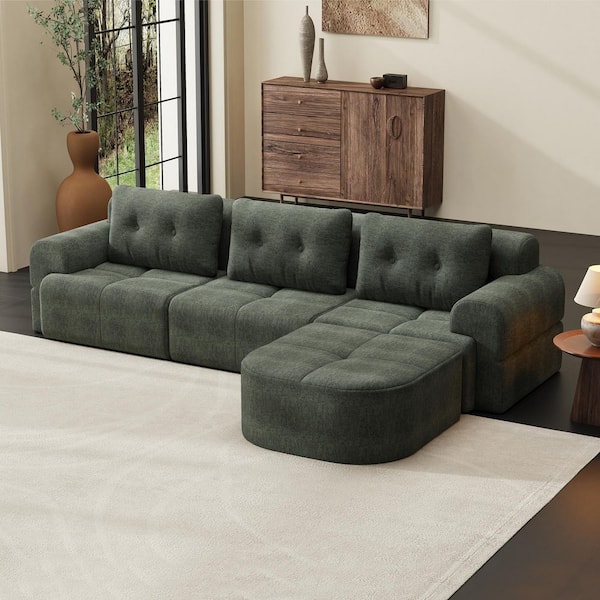 Everett Tufted Compression Sofa 112.2 in. Round Arm Chenille Modular Sectional Sofa in Blackish Green with Chaise