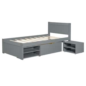 Gray Wood Frame Twin Size Platform Bed with Drawer and 2 Shelves