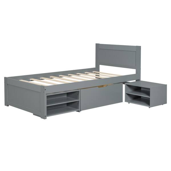 Qualler Gray Wood Frame Twin Size Platform Bed with Drawer and 2 ...