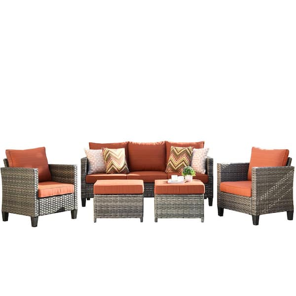 Megon Holly Gray 5-Piece Wicker Outdoor Patio Conversation Seating Sofa Set with Orange Red Cushions