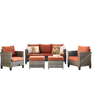 Victoria Gray 5-Piece Wicker Outdoor Patio Conversation Seating Sofa Set with Orange Red Cushions