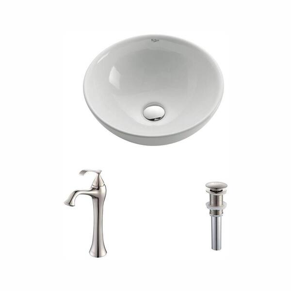 KRAUS Soft Round Ceramic Vessel Sink in White with Ventus Faucet in Brushed Nickel