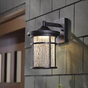 Westbury Collection Aged Iron Outdoor LED Wall Lantern Sconce with Crackle Glass