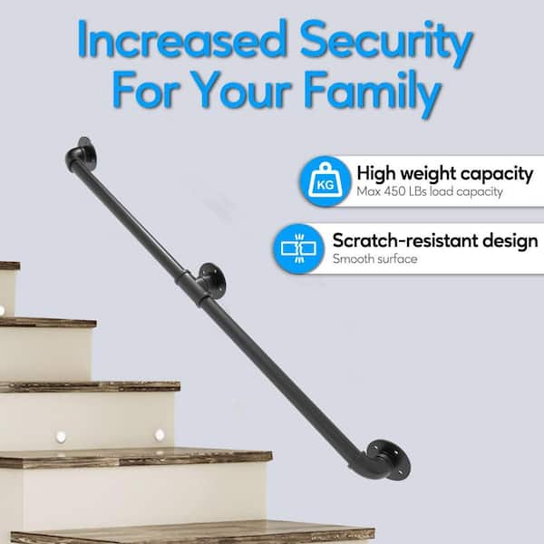 Angel Sar 4 ft. Black Metal Pipe Stair Handrail for Indoor and Outdoor Wall Mount Support