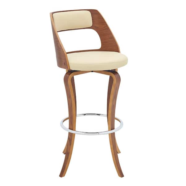 Armen Living Grady 29 in. Cream/Walnut Wood Bar Stool with Faux Leather Seat