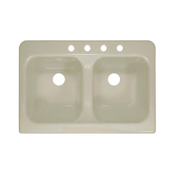 Lyons Industries Farmhouse Apron Drop-In Acrylic 34 in. 4-Hole 50/50 Double Bowl Kitchen Sink in Biscuit