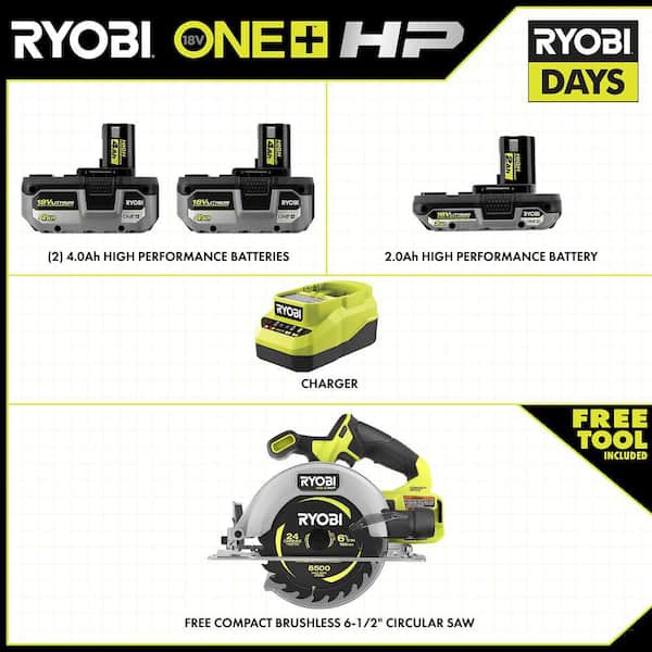 ONE+ 18V HIGH PERFORMANCE Kit w/ (2) 4.0 Ah Batteries, 2.0 Ah Battery, Charger, & FREE ONE+ HP Brushless Circular Saw