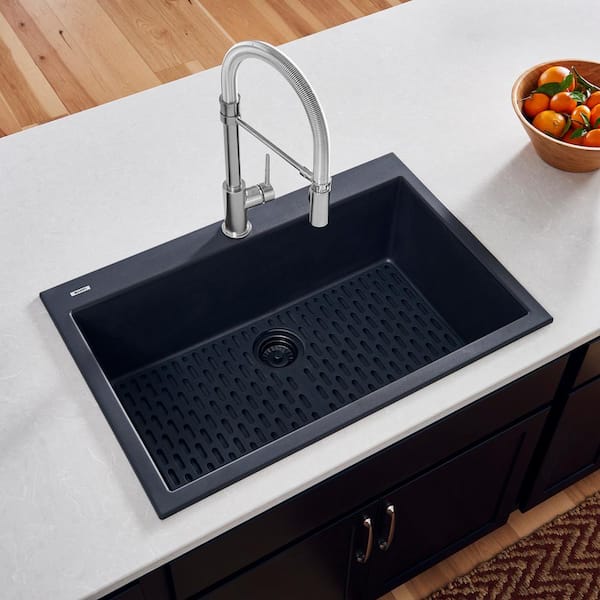 epiGranite 28 in. Drop-in Single Bowl Black Granite Quartz Composite Kitchen Sink with Accessories