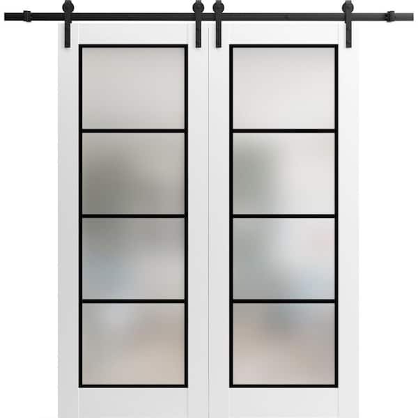 Sartodoors 28 in. x 80 in. 2 Panel Frosted Glass White Solid Wood Sliding Barn Door with Hardware Kit