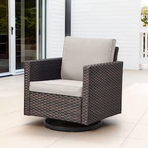 U-Weave Metal and Brown Wicker Outdoor Rocking Chair Patio Swivel Chairs with Olefin Beige Cushions