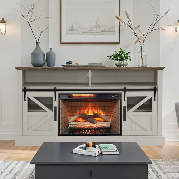 60 in. Freestanding Ultra Thin Tempered Glass Front Smart Electric Fireplace and TV Stand with Remote in White