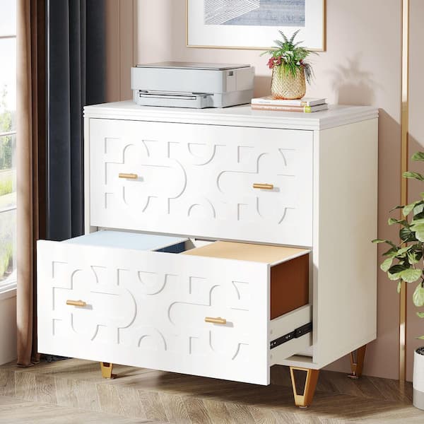 Atencio 2-Drawer White Wood 31 in. W Lateral File Cabinet with Tabs, Office Storage Cabinet for Legal/Letter/A4 Size