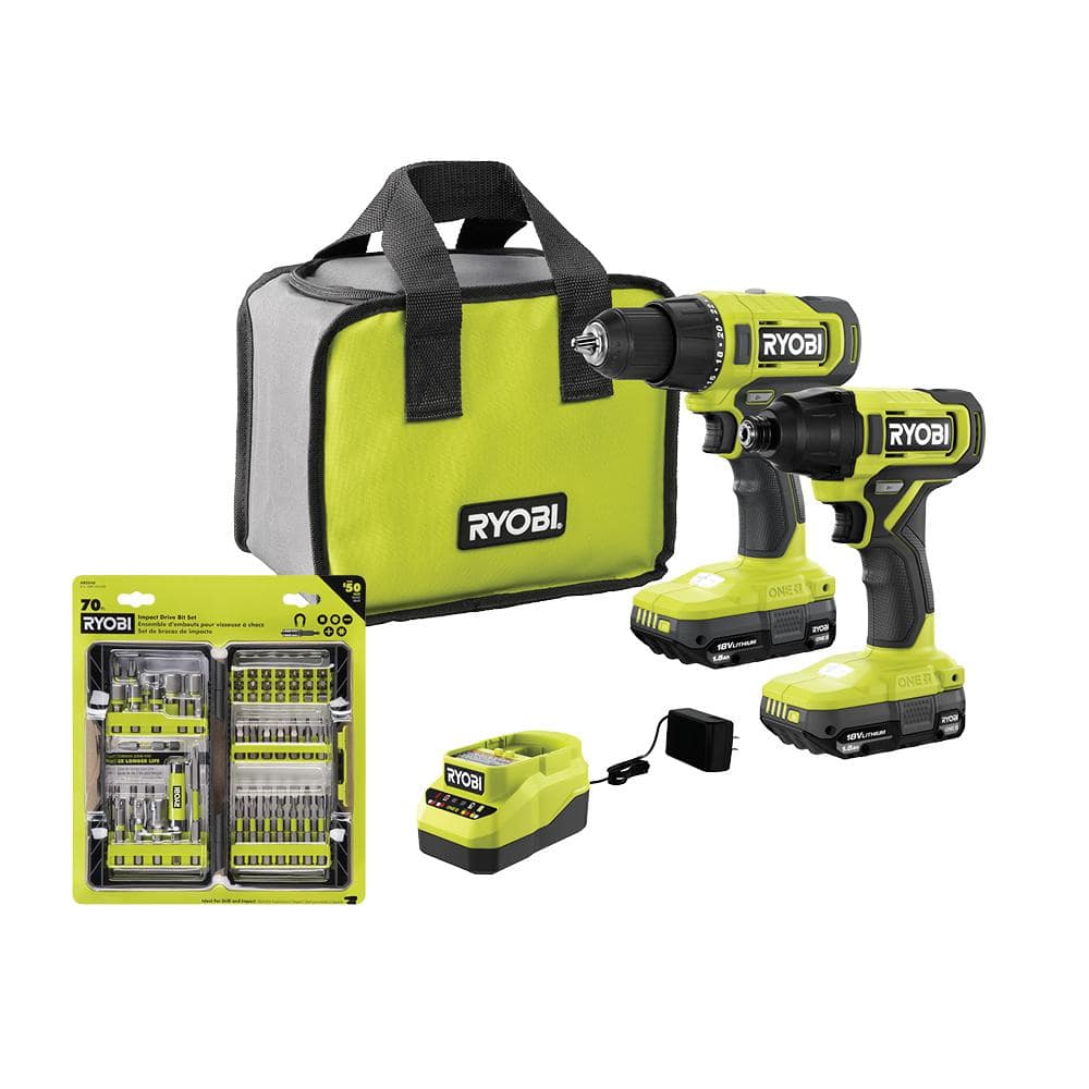 RYOBI ONE+ 18V Cordless 2-Tool Combo Kit w/ Drill/Driver, Impact Driver, (2) 1.5 Ah Batteries, Charger, & 70-Piece Driving Kit -  PCL1200K2AR2040