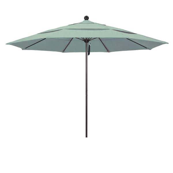 California Umbrella 11 ft. Bronze Aluminum Commercial Market Patio Umbrella with Fiberglass Ribs and Pulley Lift in Spa Sunbrella
