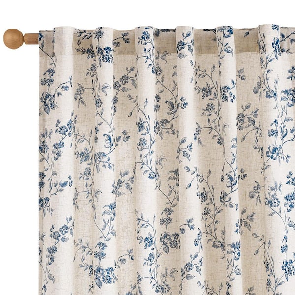 Blue Polyester Floral Back Tab Room Darkening Curtain (Double Panel) - 50 in. W x 96 in. L