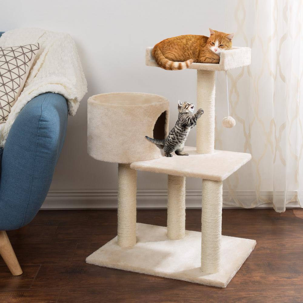 Beige 31" Sisal 3-Tier Cat Tree with Condo and Perch