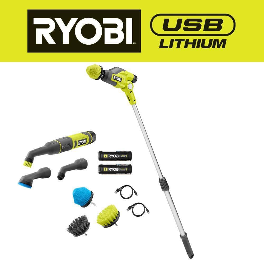 RYOBI USB Lithium Telescoping Power Scrubber Kit with (2) 2Ah Batteries, (2) Charging Cables, and USB Lithium Detail Scrubber FVG53K-FVG52K