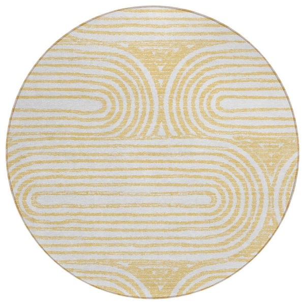 Gold and White 8 ft. Round Woven Abstract Round Indoor/Outdoor Area Rug