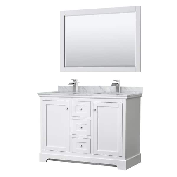 Wyndham Collection Avery 48 in. W x 22 in. D Double Vanity in White with Marble Vanity Top in Carrara with Square Basins and Mirror