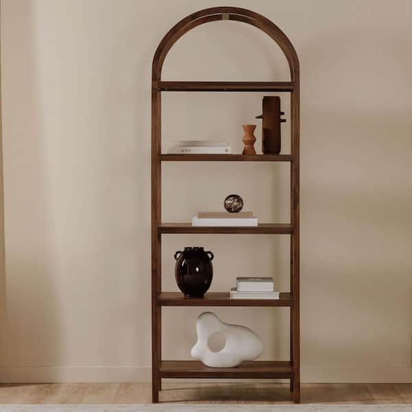 NADAAL STUDIOS Elrynn 80 in. Tall Walnut Solid Wood and Veneer 5-Shelf Arched Bookcase with Natural Variation