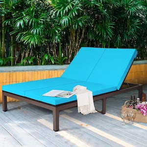 1-Piece Metal Wicker Outdoor Chaise Lounge with Turquoise Cushion