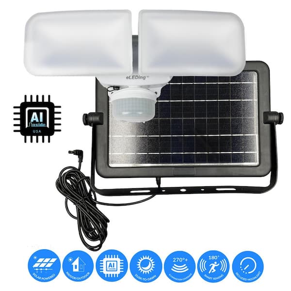 eLEDing 10-Watt 180-Degree Ivory Motion Activated Outdoor Integrated LED Flood Light with AI Smart Solar Powered Dual Head