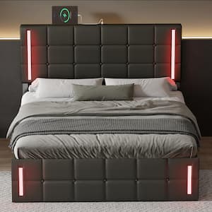 Black Wood Frame Full Size PU Upholstered Platform Bed with LED, Hydraulic Storage System and USB Charging Station