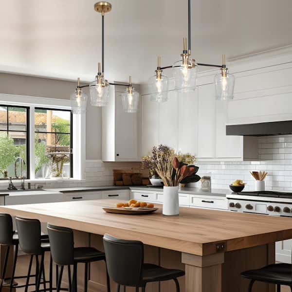 21 in. 3-Light Brass Modern Island Chandelier, Clear Glass Mason Jar Pendant Light, Farmhouse Black Hanging Light