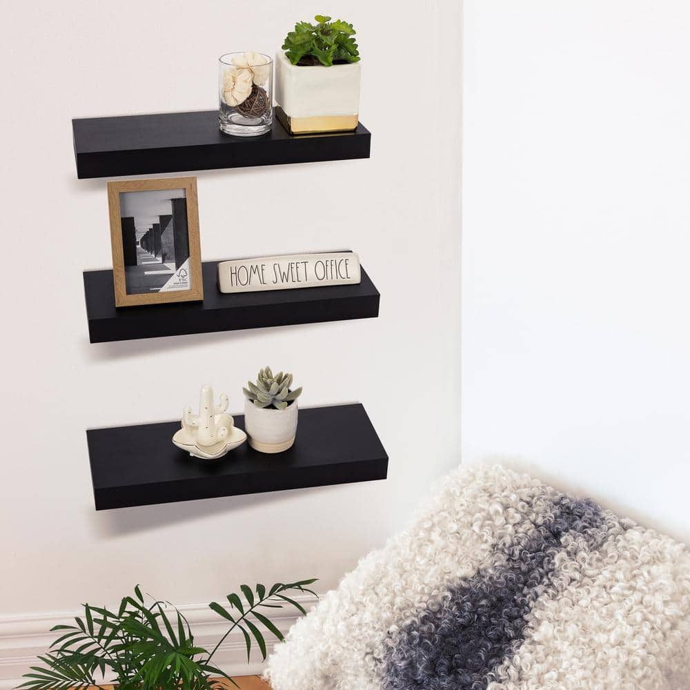 Black MDF Minimalist Floating Wall Shelf Set of Three