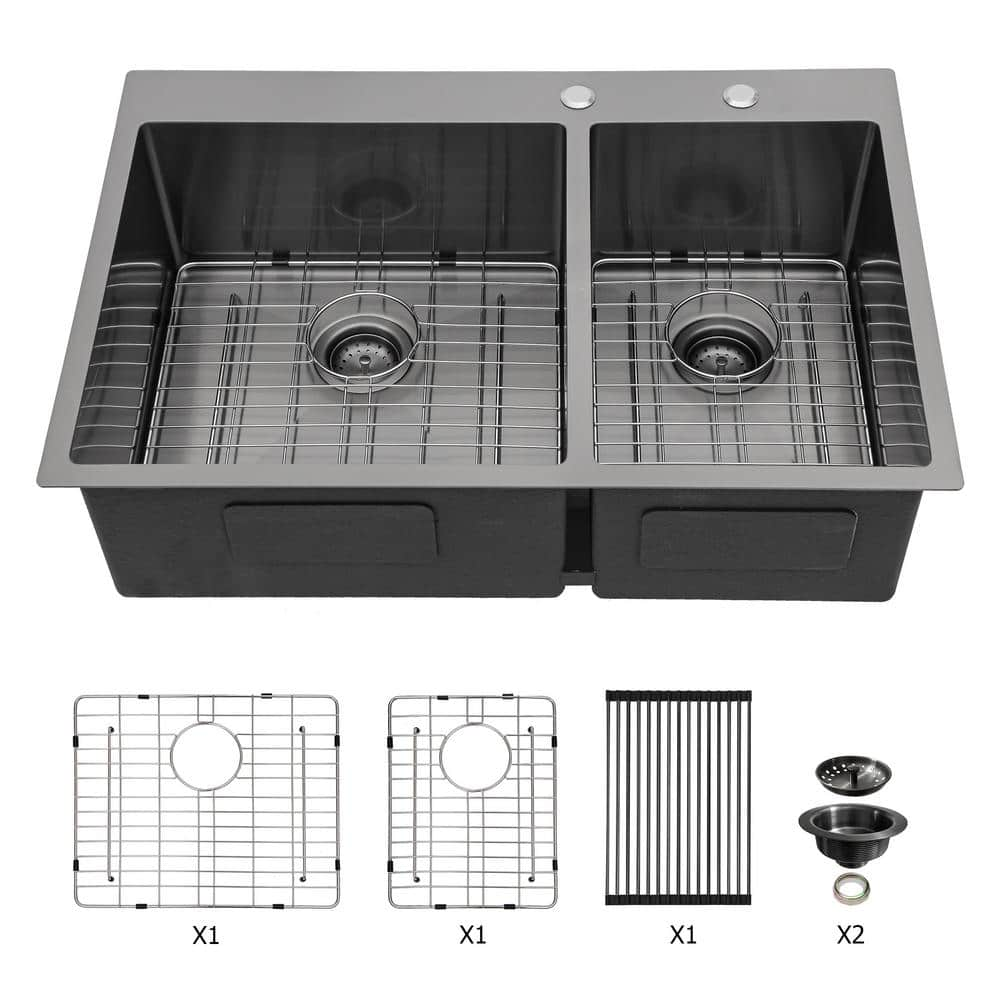 Gunmetal Black Stainless Steel 33 in. 16 Gauge Workstation Double Bowl ...