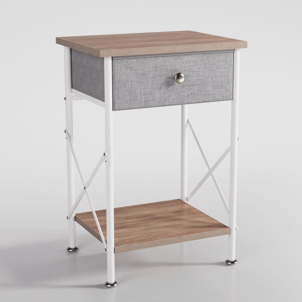 Nightstand with Storage, Bedside Table with Fabric Drawer & Open Shelf for Small Bedrooms, White End Table