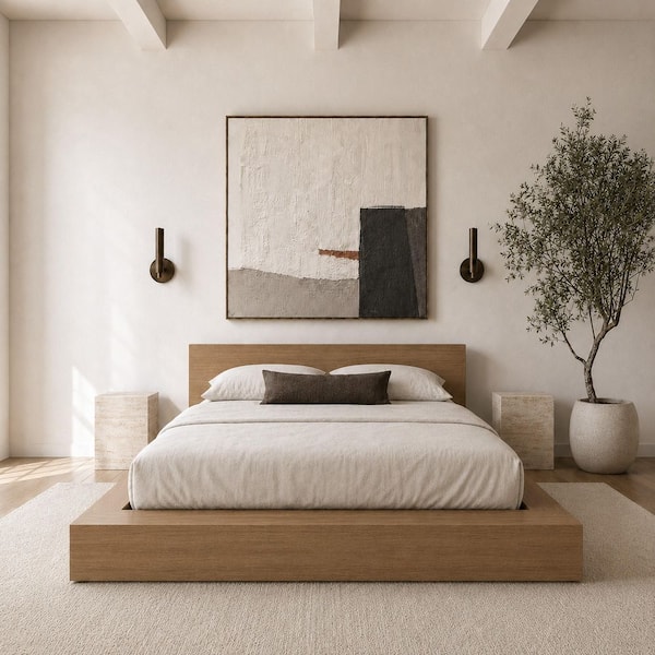 Kanso Brown Frame Kings Size Low Profile Platform Bed with Headboard