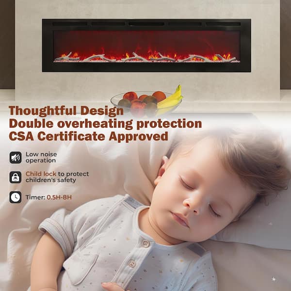 4780BTU 72 in. Wall-Mounted/Recessed Electric Fireplace Insert with Double Overheat Protection, Child Lock, Low Noise